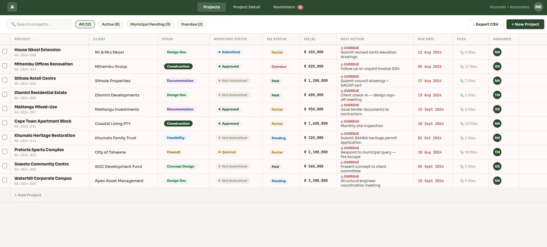 Projects dashboard — spreadsheet-like table with project rows, stage, municipal status and fee columns