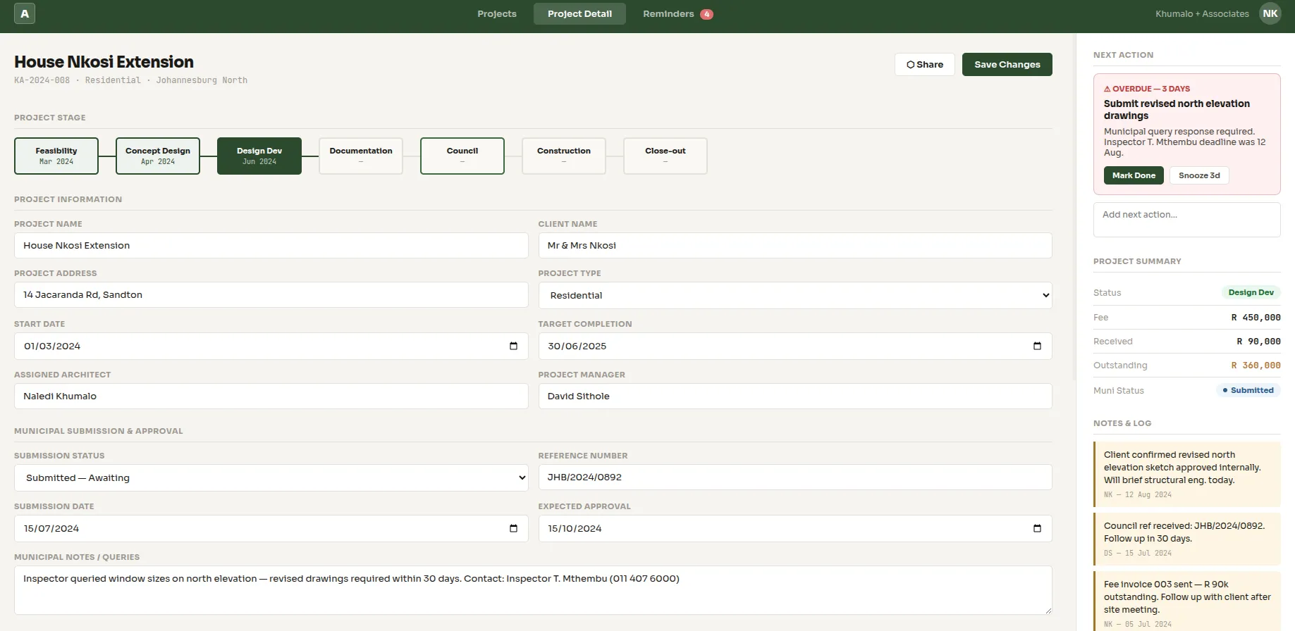 Inline editing — cell-level editing with dropdown selectors for stage and status