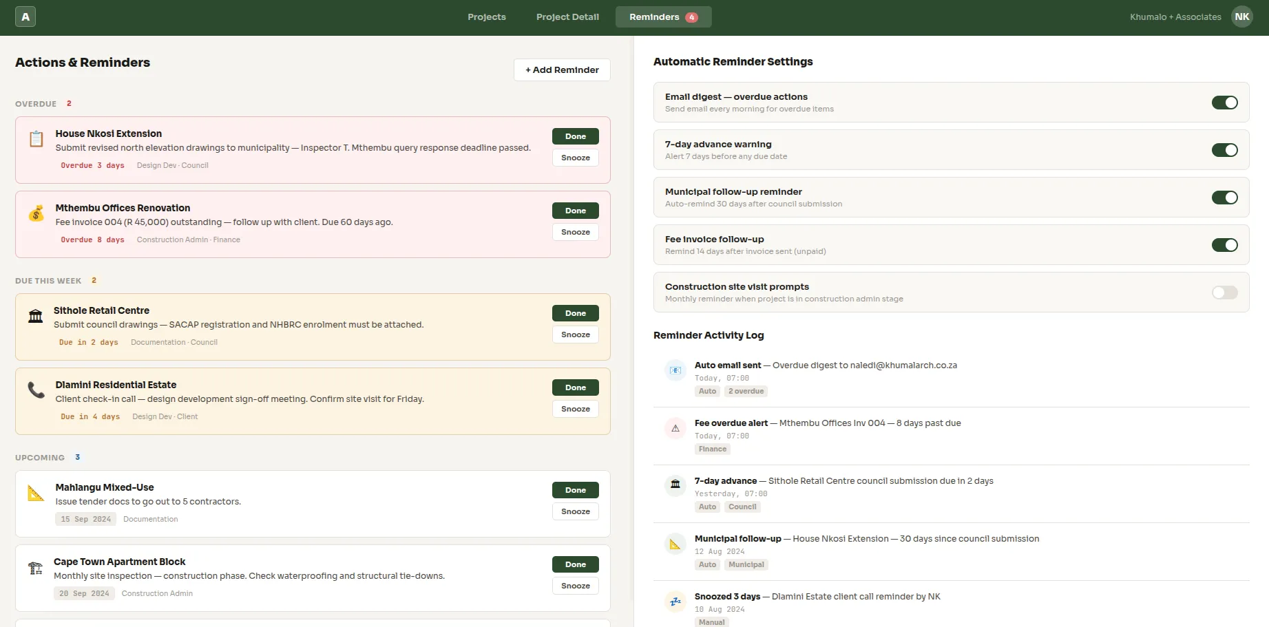 Notifications — email or in-app reminders for deadlines, overdue fees and pending actions