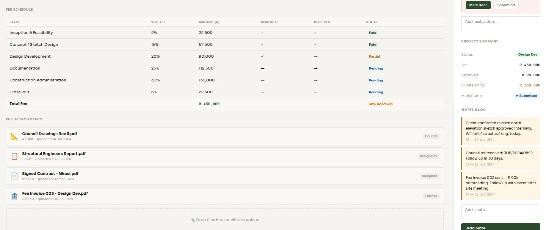 Project detail view — timeline, attached documents, council status and fee history